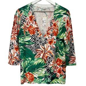 C J Banks Tropical Print Cardigan Sweater Womens Large Cotton V-Neck 3/4 Sleeve